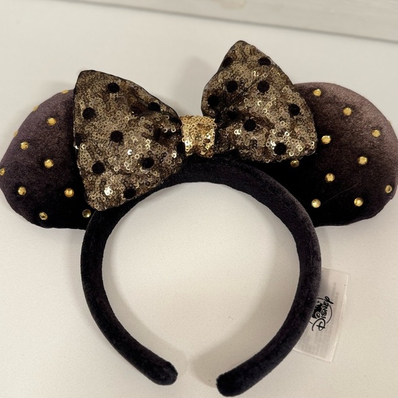 Disney Parks Black Jeweled Studded Gold Minnie Mouse Plush Ear Headband - Picture 7 of 7
